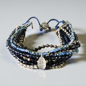 Anthropologie Serefina Blue Multistrand Beaded Adjustable Bracelet Rhinestones
